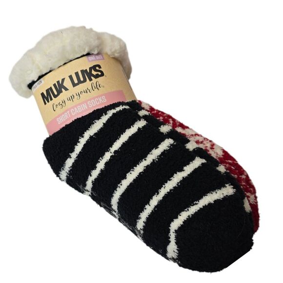 New MUK LUKS 2 Pairs Women's Short Cabin Socks One Size Non-Skid Slipper NWT - Picture 1 of 7